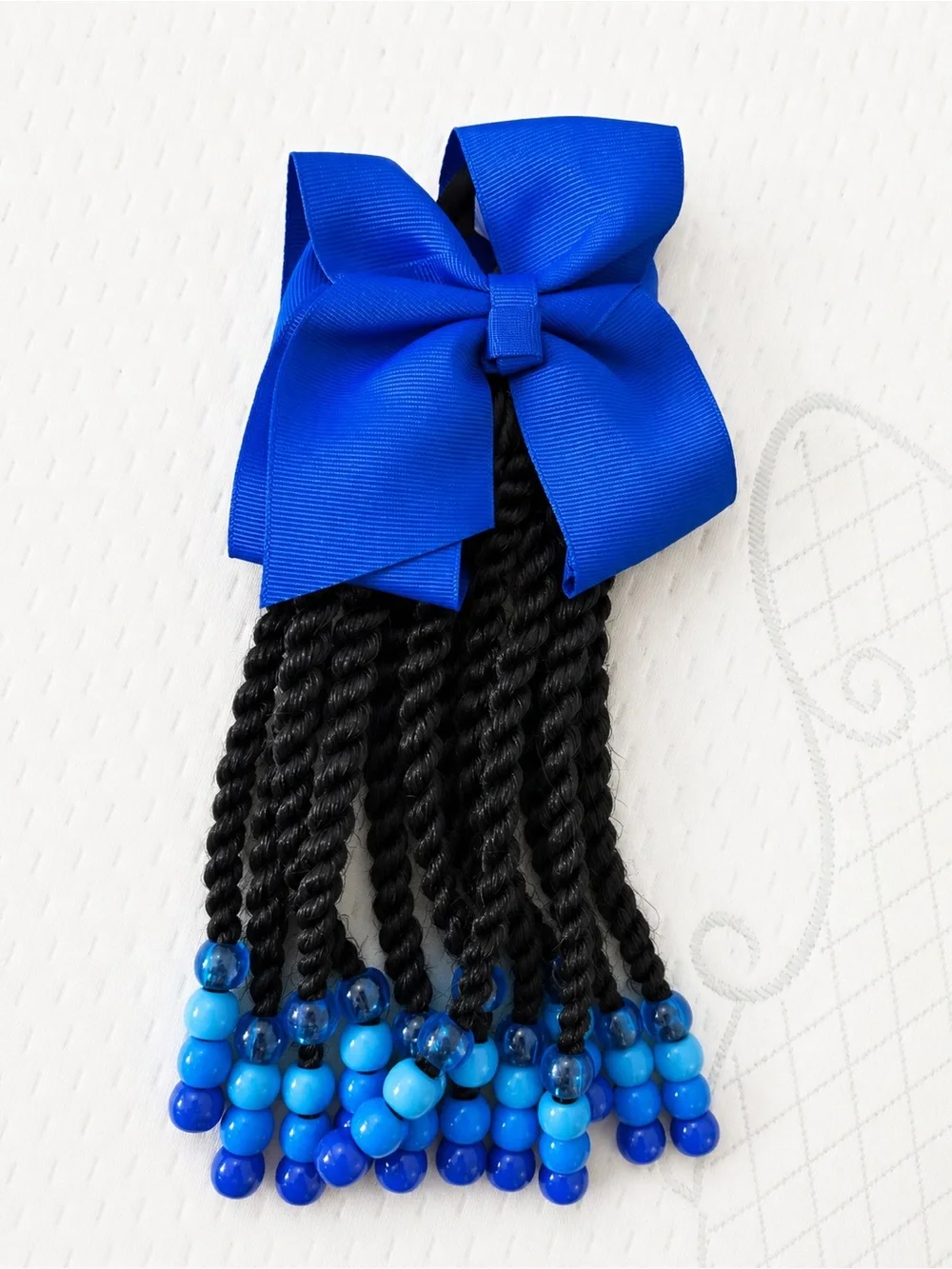 Kid Ponytail Black Braided Beaded Hair Accessory with Red, Green & Gold Accents